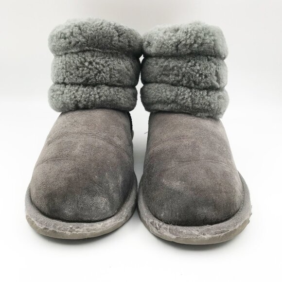 UGG Fluff Mini Quilted Gray Suede Fur Lined Ankle Boots Womens 6 Youth 5 - Picture 2 of 12